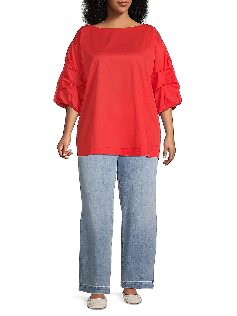 Plus Balia Popover Cotton Gathered-Sleeve Blouse