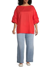 Plus Balia Popover Cotton Gathered-Sleeve Blouse
