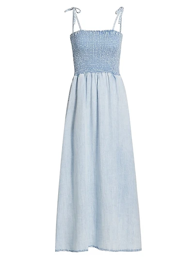 Smocked Denim Tie-Strap Midi Dress