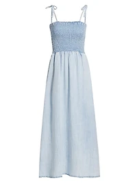 Smocked Denim Tie-Strap Midi Dress