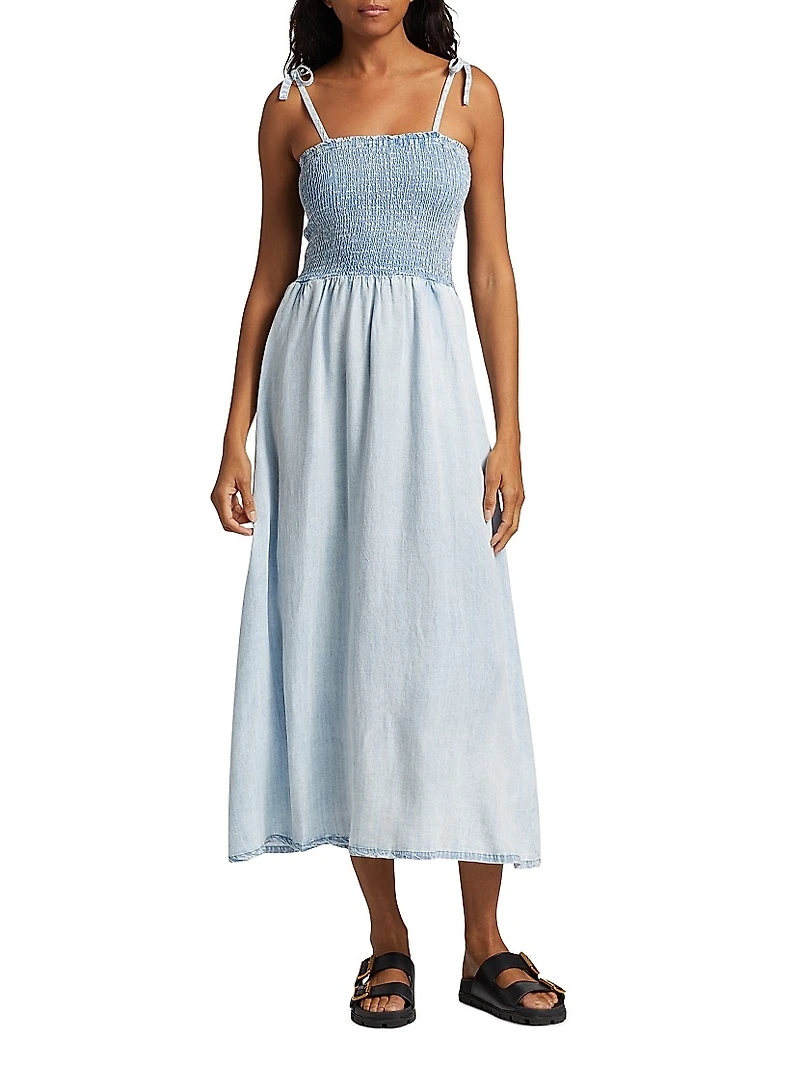Smocked Denim Tie-Strap Midi Dress