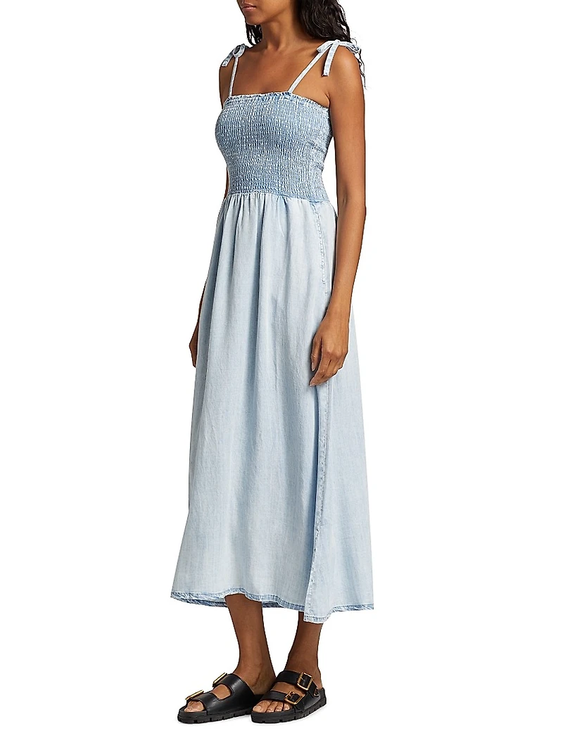 Smocked Denim Tie-Strap Midi Dress