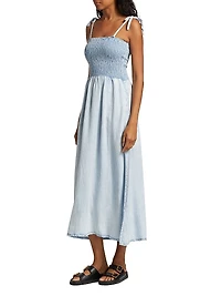 Smocked Denim Tie-Strap Midi Dress