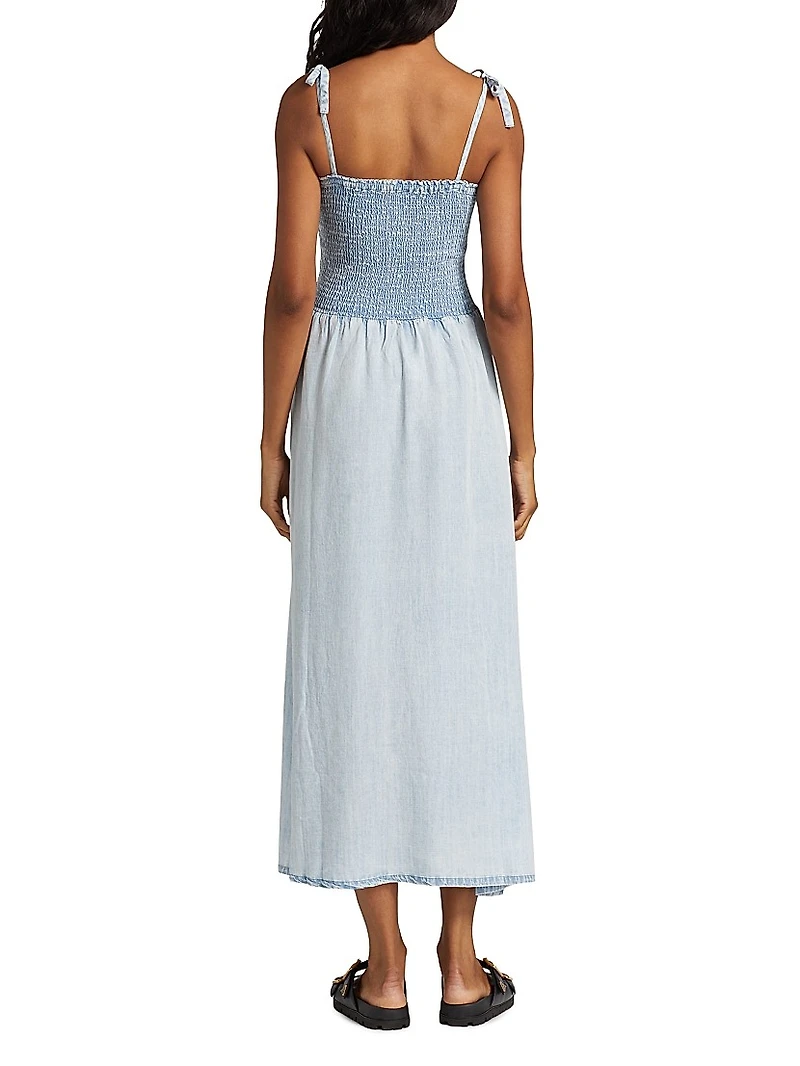 Smocked Denim Tie-Strap Midi Dress