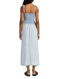 Smocked Denim Tie-Strap Midi Dress