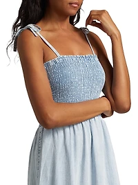 Smocked Denim Tie-Strap Midi Dress