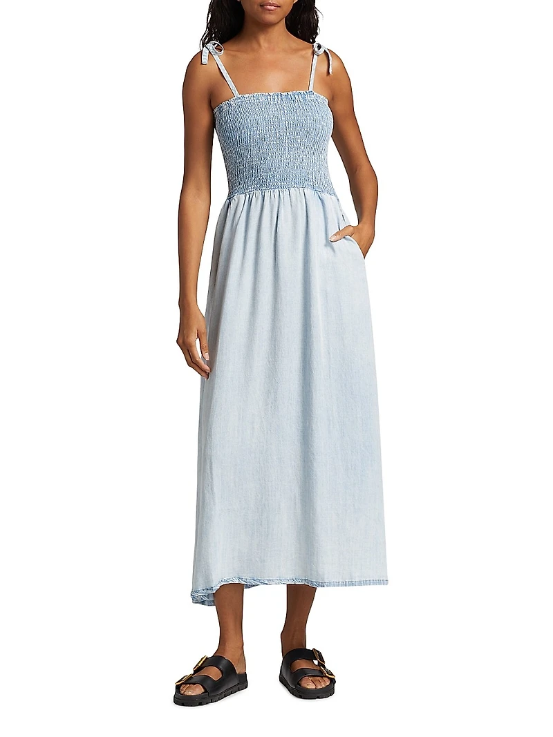 Smocked Denim Tie-Strap Midi Dress