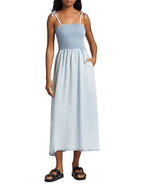 Smocked Denim Tie-Strap Midi Dress