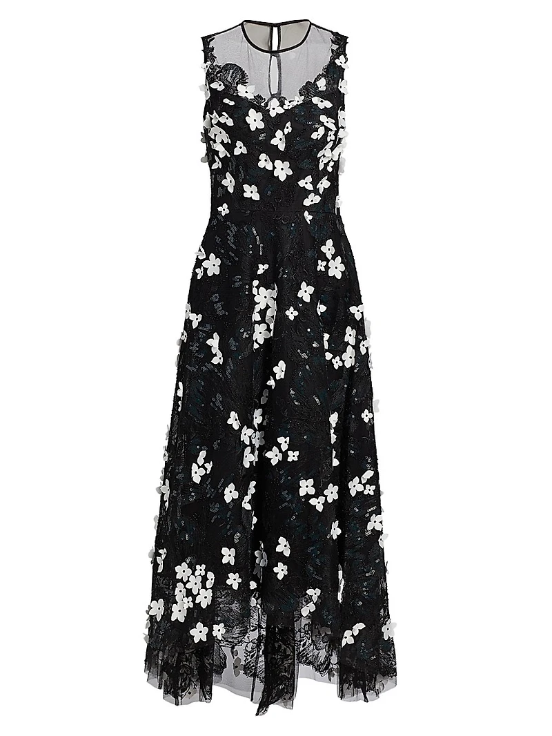Floral Appliqué High-Low Cocktail Dress