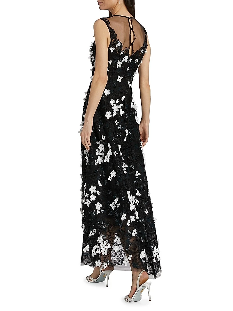 Floral Appliqué High-Low Cocktail Dress