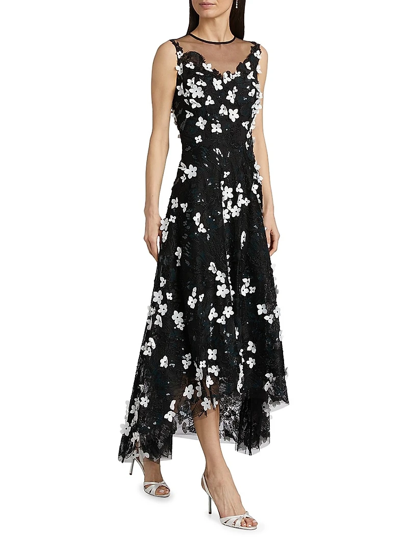 Floral Appliqué High-Low Cocktail Dress