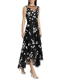 Floral Appliqué High-Low Cocktail Dress