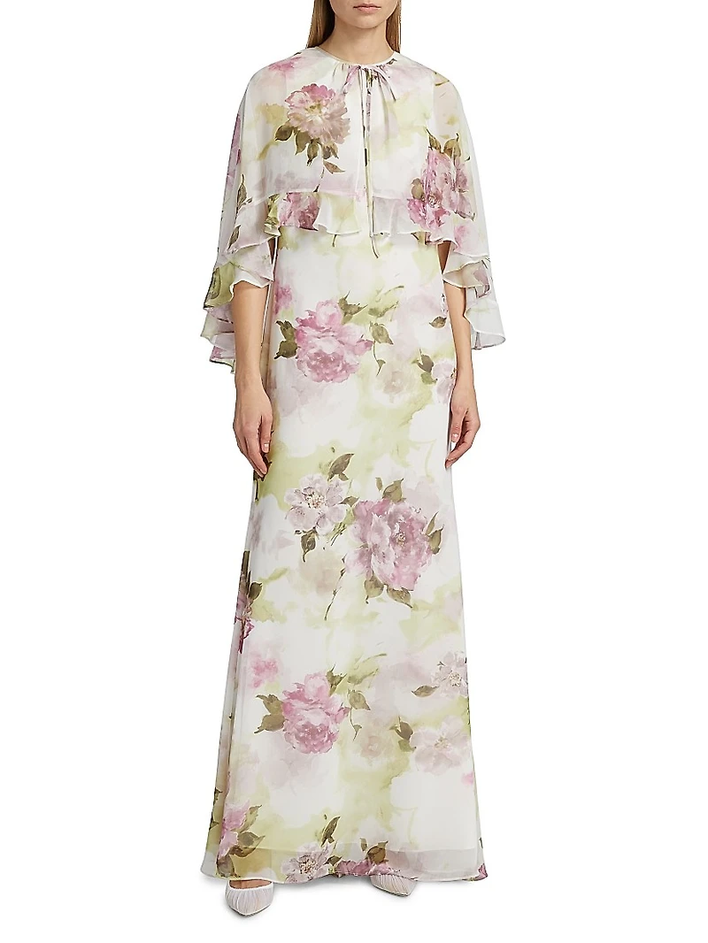 Floral Chiffon Ruffle Capelet Gown