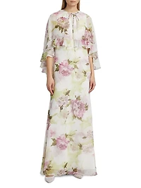 Floral Chiffon Ruffle Capelet Gown