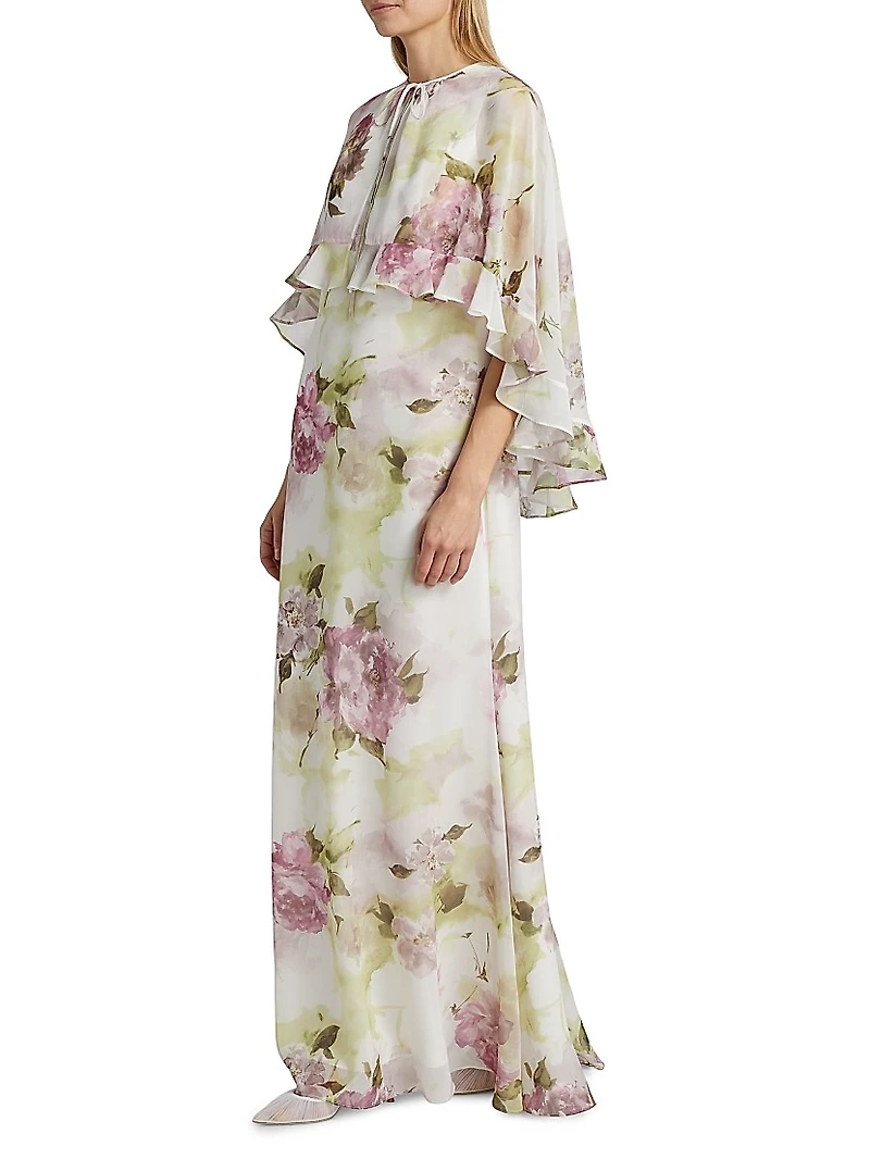 Floral Chiffon Ruffle Capelet Gown