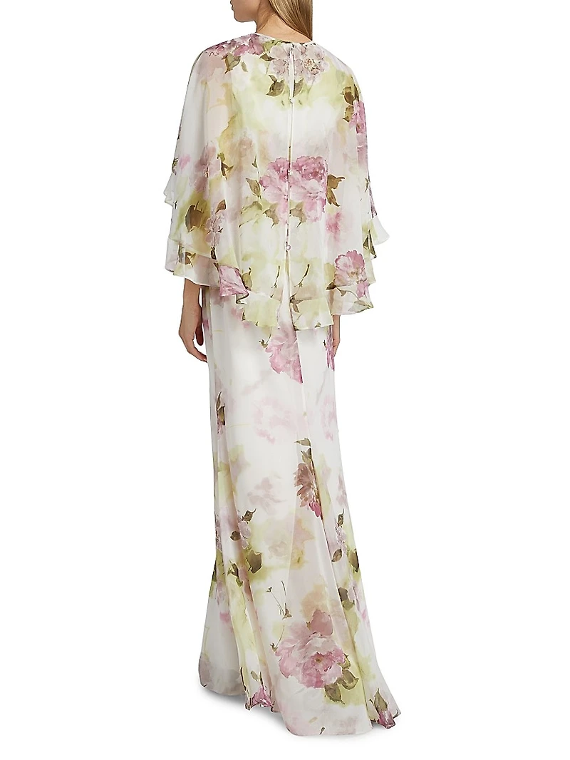 Floral Chiffon Ruffle Capelet Gown