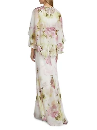 Floral Chiffon Ruffle Capelet Gown