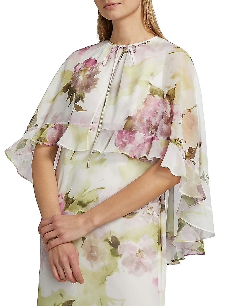 Floral Chiffon Ruffle Capelet Gown