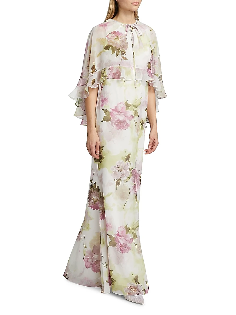 Floral Chiffon Ruffle Capelet Gown