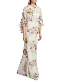 Floral Chiffon Ruffle Capelet Gown