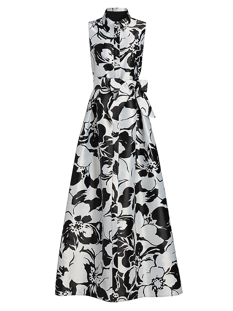 Floral Jacquard Tie-Waist Sleeveless Gown