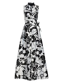 Floral Jacquard Tie-Waist Sleeveless Gown