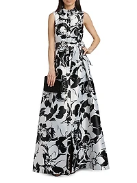 Floral Jacquard Tie-Waist Sleeveless Gown