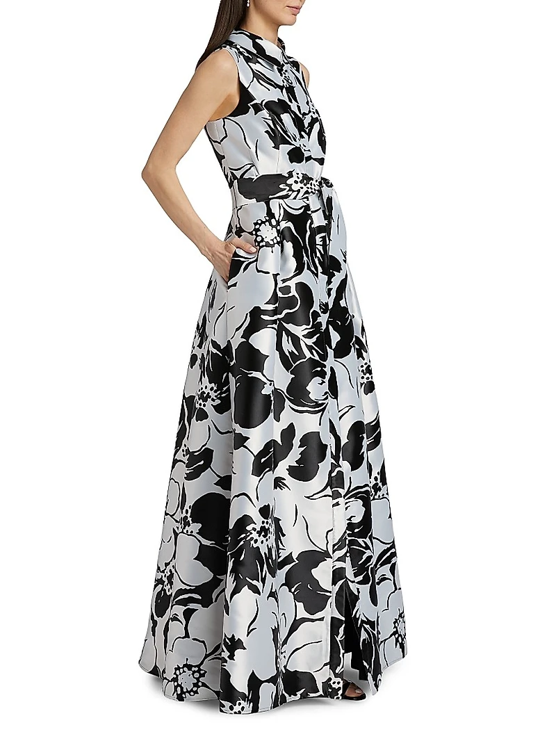 Floral Jacquard Tie-Waist Sleeveless Gown