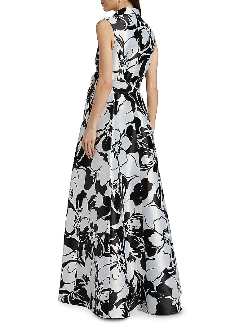 Floral Jacquard Tie-Waist Sleeveless Gown