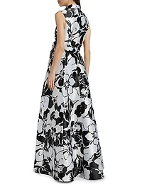 Floral Jacquard Tie-Waist Sleeveless Gown