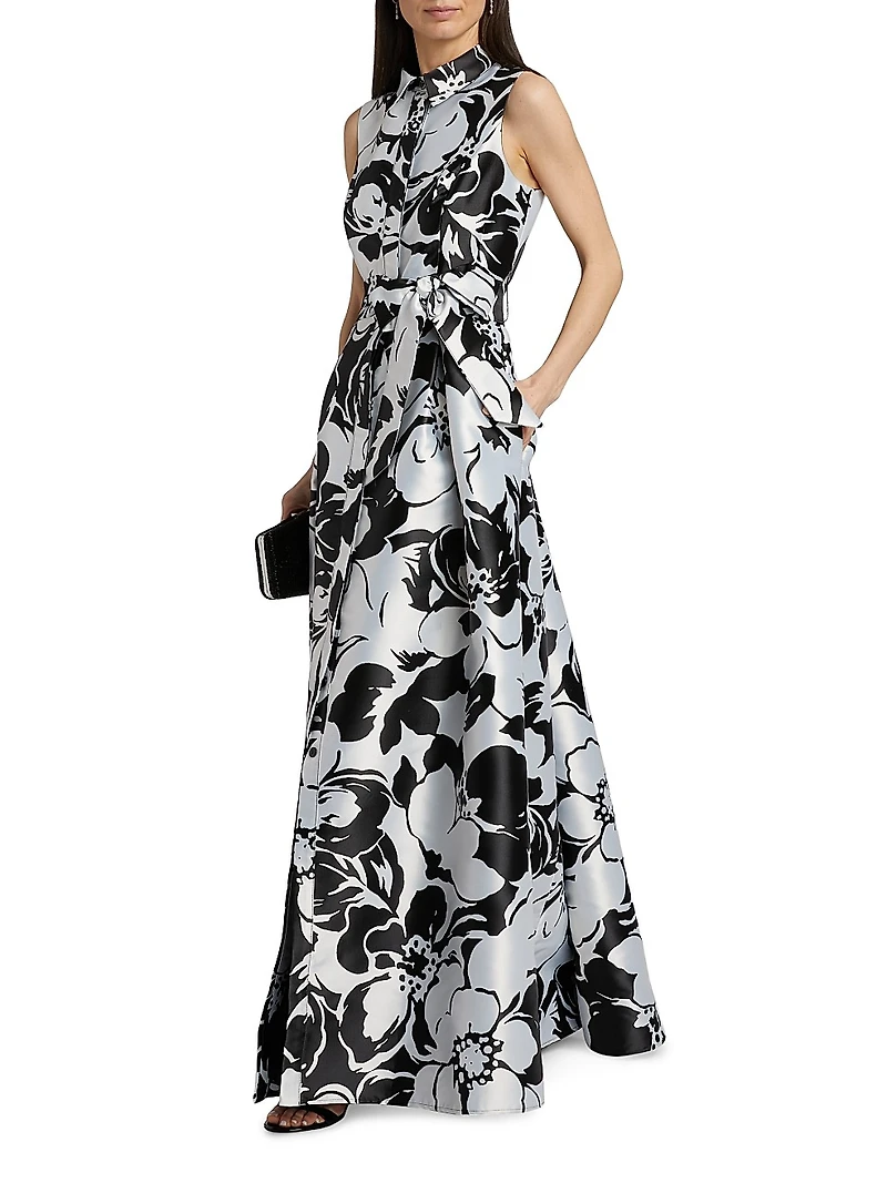 Floral Jacquard Tie-Waist Sleeveless Gown