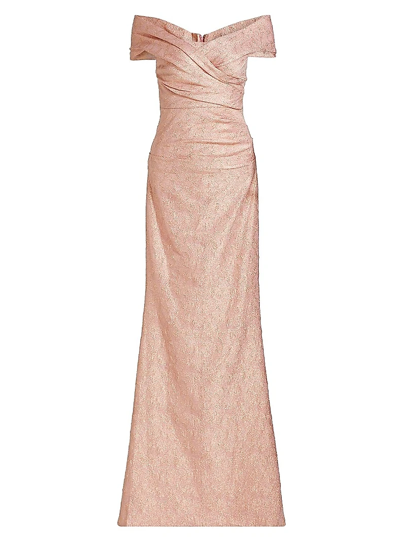Metallic Jacquard Off-the-Shoulder Gown