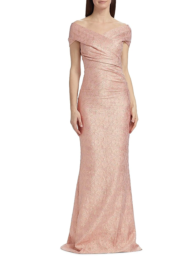 Metallic Jacquard Off-the-Shoulder Gown