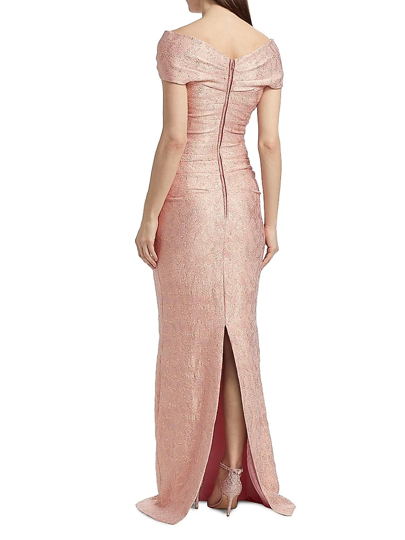 Metallic Jacquard Off-the-Shoulder Gown