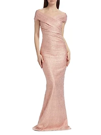Metallic Jacquard Off-the-Shoulder Gown
