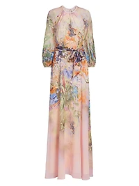 Floral Chiffon Long-Sleeve Gown