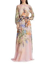 Floral Chiffon Long-Sleeve Gown