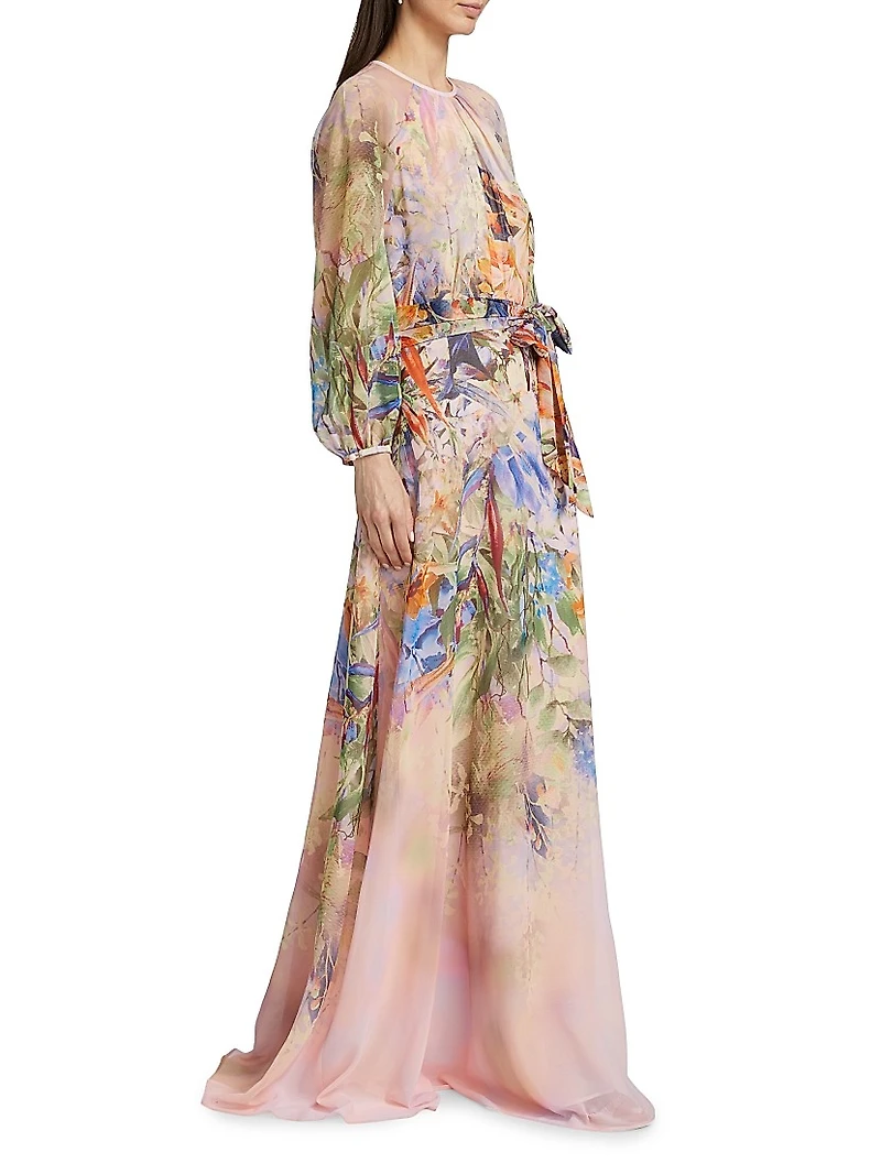 Floral Chiffon Long-Sleeve Gown
