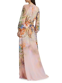 Floral Chiffon Long-Sleeve Gown