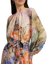 Floral Chiffon Long-Sleeve Gown