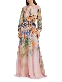 Floral Chiffon Long-Sleeve Gown