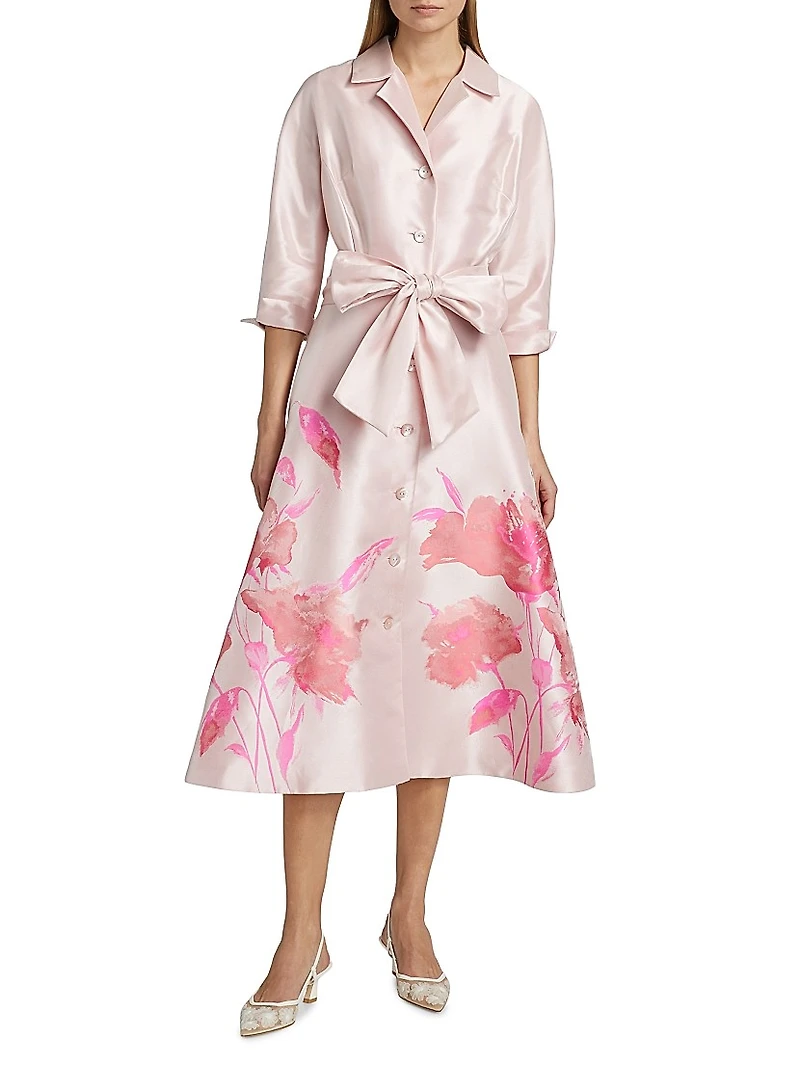 Floral Bow Mikado Midi-Shirtdress