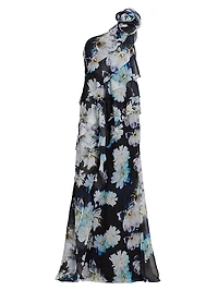 Floral Ruffle Chiffon One-Shoulder Gown