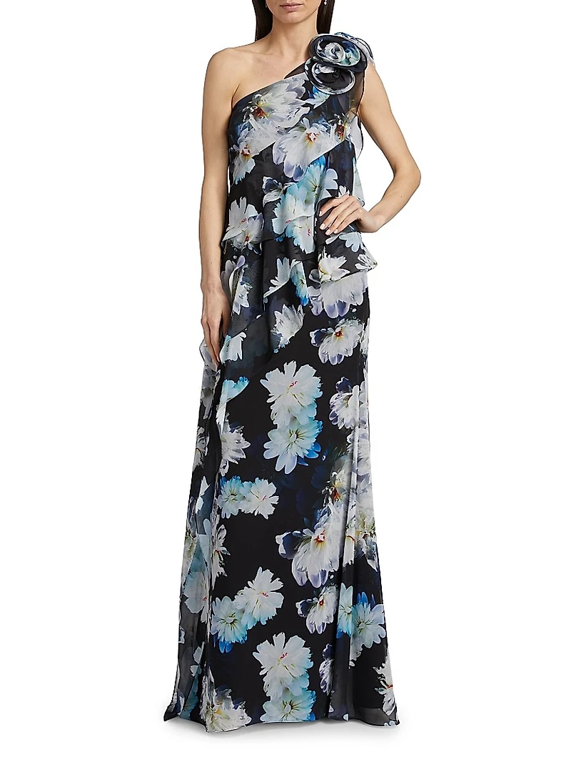Floral Ruffle Chiffon One-Shoulder Gown