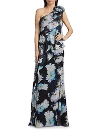 Floral Ruffle Chiffon One-Shoulder Gown