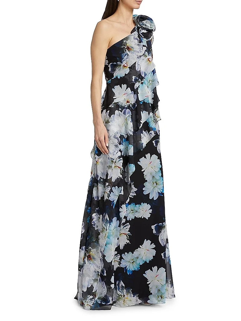 Floral Ruffle Chiffon One-Shoulder Gown