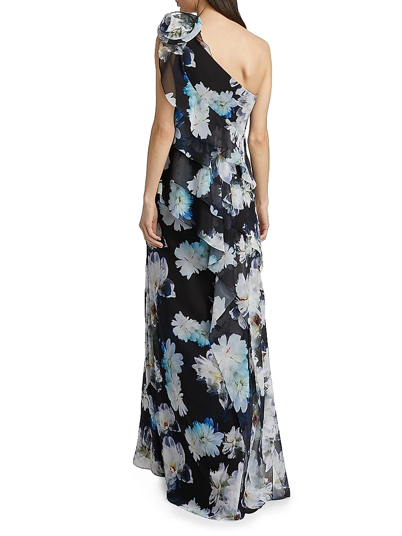 Floral Ruffle Chiffon One-Shoulder Gown