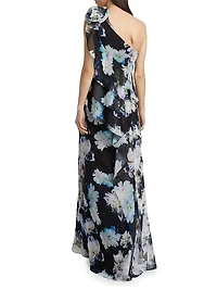Floral Ruffle Chiffon One-Shoulder Gown