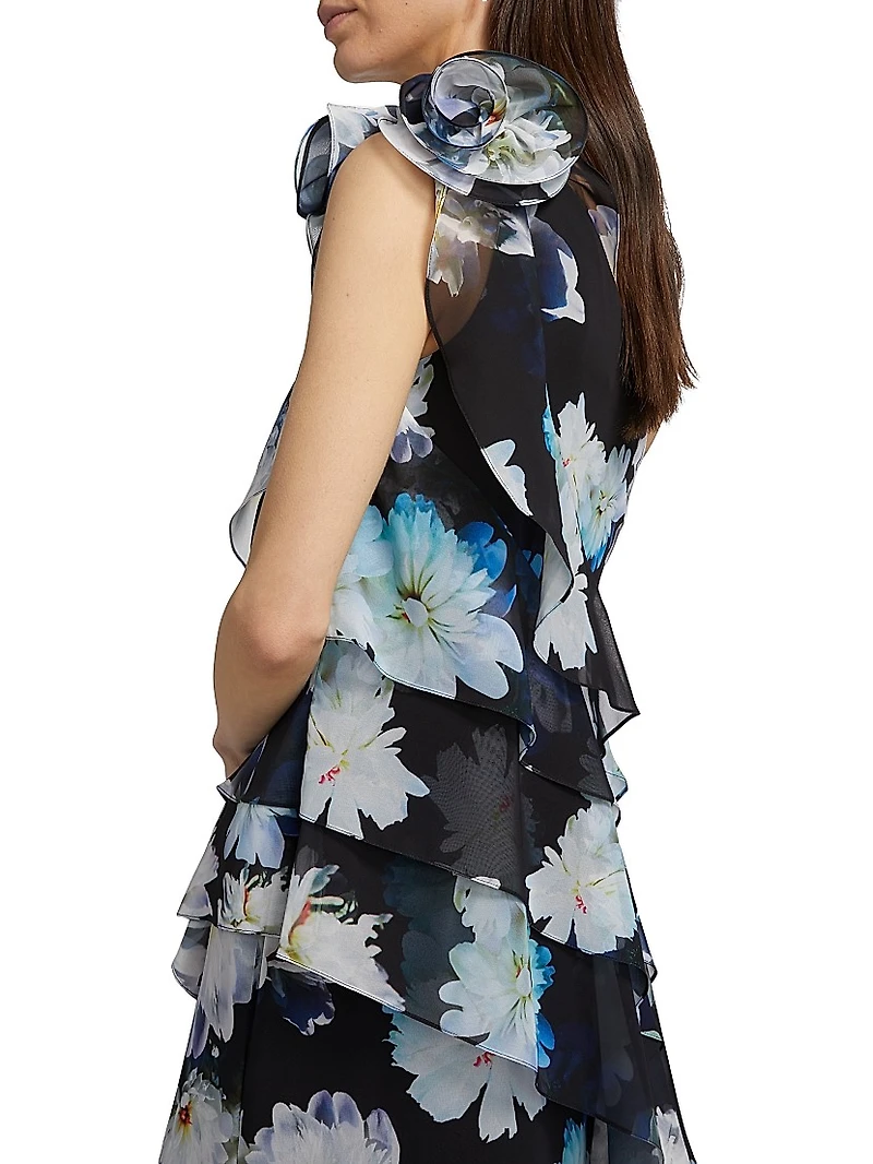 Floral Ruffle Chiffon One-Shoulder Gown