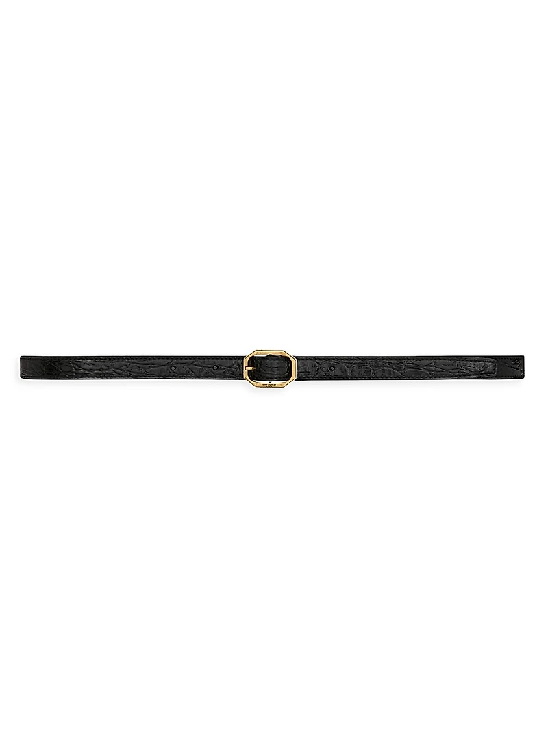 Frame Thin Belt Crocodile-Embossed Leather
